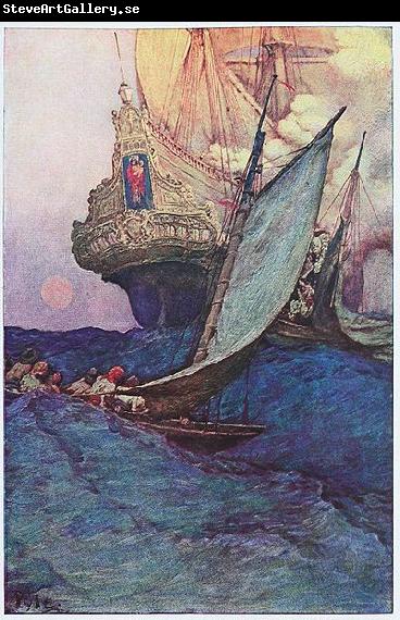 Howard Pyle An Attack on a Galleon: illustration of pirates approaching a ship